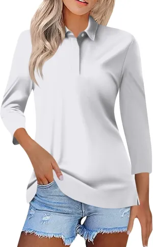Golf Polo Shirts for Women 3/4 Sleeve Slim Fitted Workout Top Business Casual Tops Lightweight V Neck Cotton Shirts