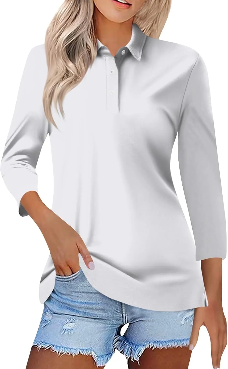 Golf Polo Shirts for Women 3/4 Sleeve Slim Fitted Workout Top Business Casual Tops Lightweight V Neck Cotton Shirts
