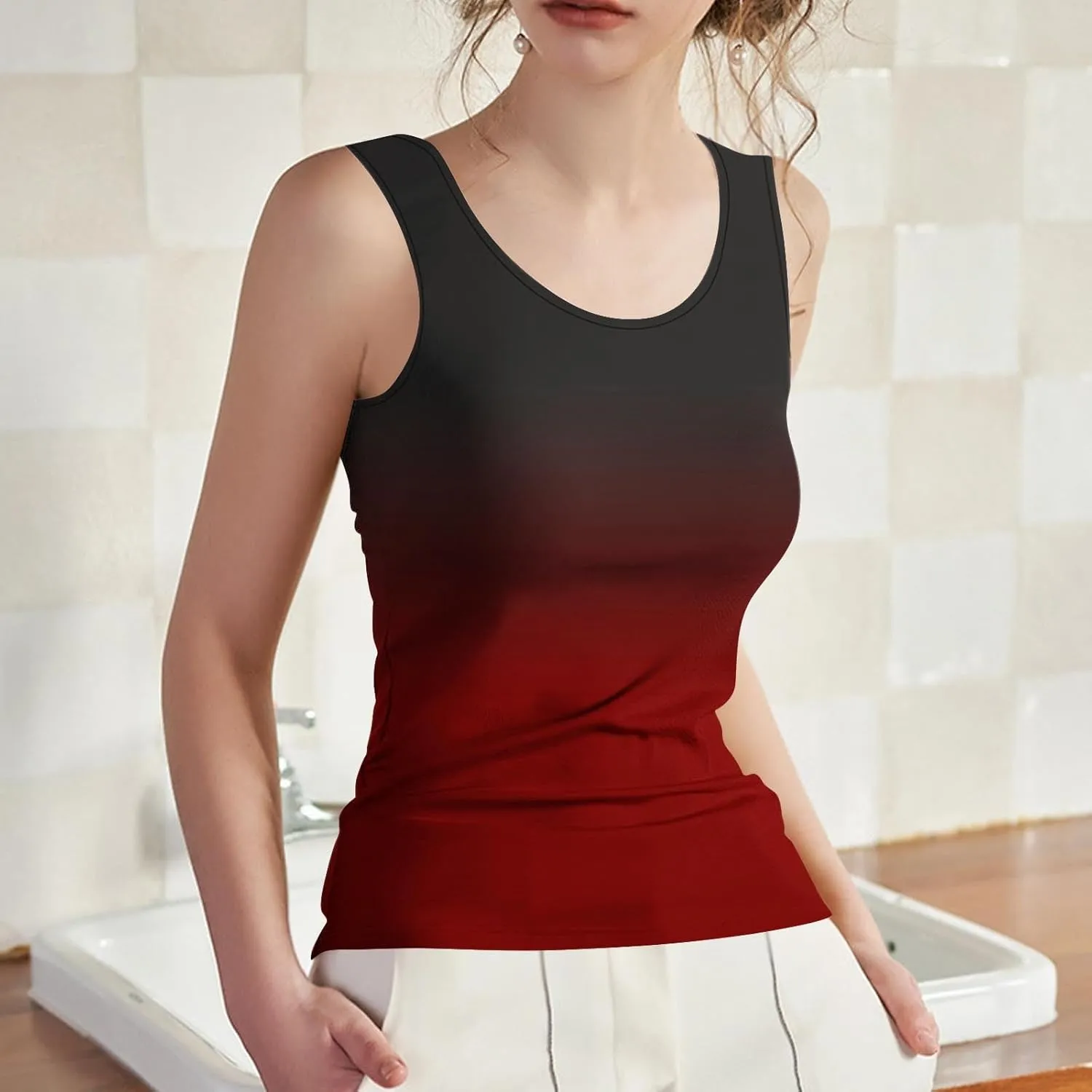 Gradient Tank Tops for Women Built in Bra Ombre Sleeveless Athletic Workout Camisole Tops Comfy Stretchy Daily Yoga Top