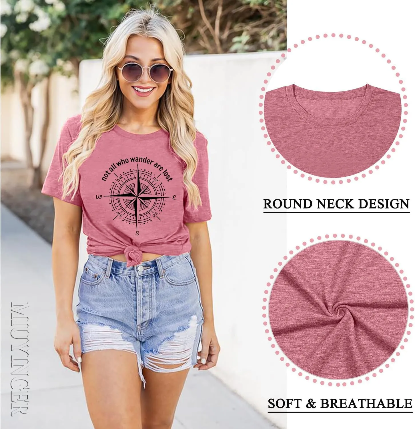 Graphic T-Shirts for Women Hiking Camping Trip Compass Printed Vintage Summer Casual Tees Holiday Workout Tops