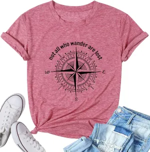 Graphic T-Shirts for Women Hiking Camping Trip Compass Printed Vintage Summer Casual Tees Holiday Workout Tops