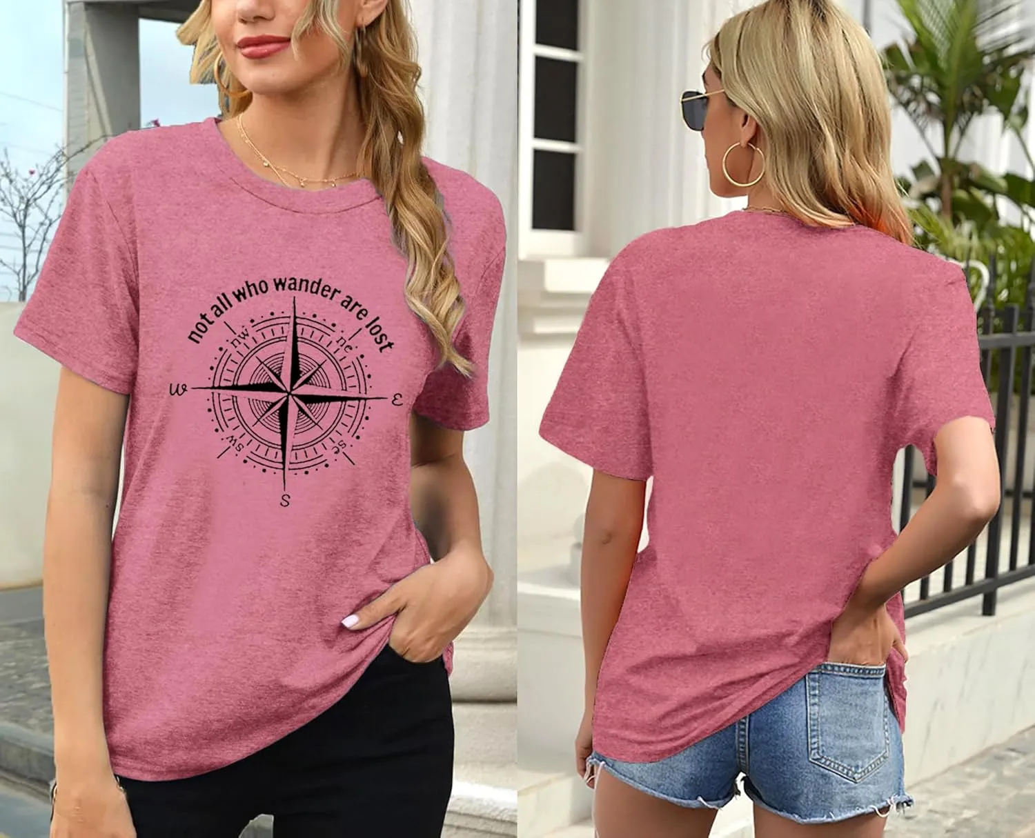 Graphic T-Shirts for Women Hiking Camping Trip Compass Printed Vintage Summer Casual Tees Holiday Workout Tops