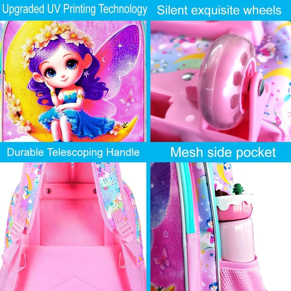 gxtvo Girls Rolling Backpack, Cute Moon Fairy Roller Wheels Kids Bookbag - Wheeled Elementary School Bag - 3PCS Moon Fairy