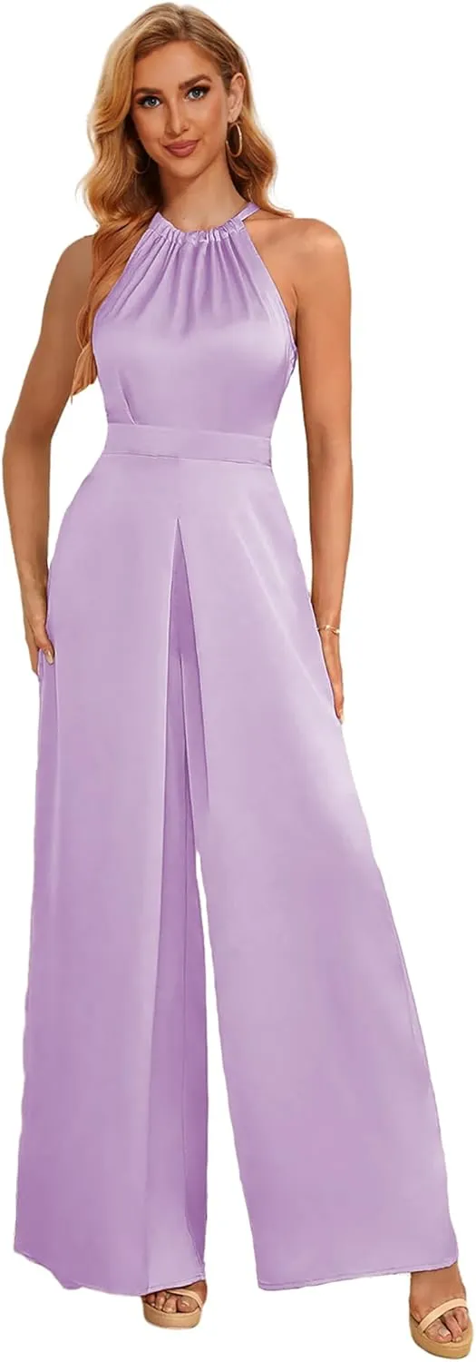 Halter Formal Jumpsuits for Women Satin Long Wide Leg Pants High Waist One Piece Outfits with Pockets Rompers