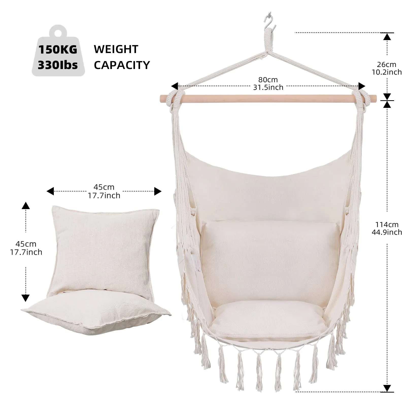 Hammock Chair,Hanging Rope Ceiling Swing with 2 Cushions, Macrame Boho Hanging Chairs for Indoor,Outdoor,Bedroom,Outside,Garden,Balcony,Yard,Deck,Max 330 Lbs (Beige)