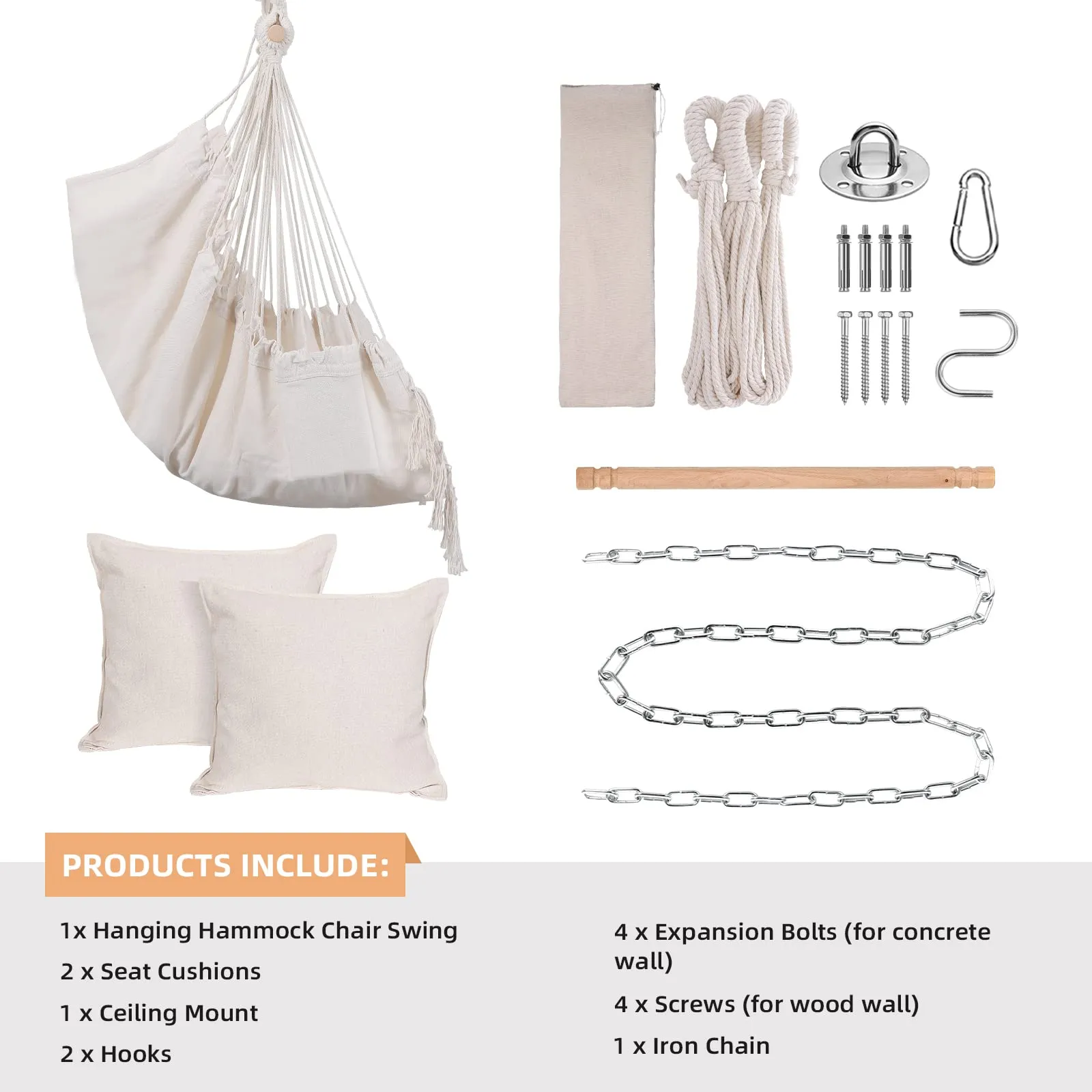 Hammock Chair,Hanging Rope Ceiling Swing with 2 Cushions, Macrame Boho Hanging Chairs for Indoor,Outdoor,Bedroom,Outside,Garden,Balcony,Yard,Deck,Max 330 Lbs (Beige)