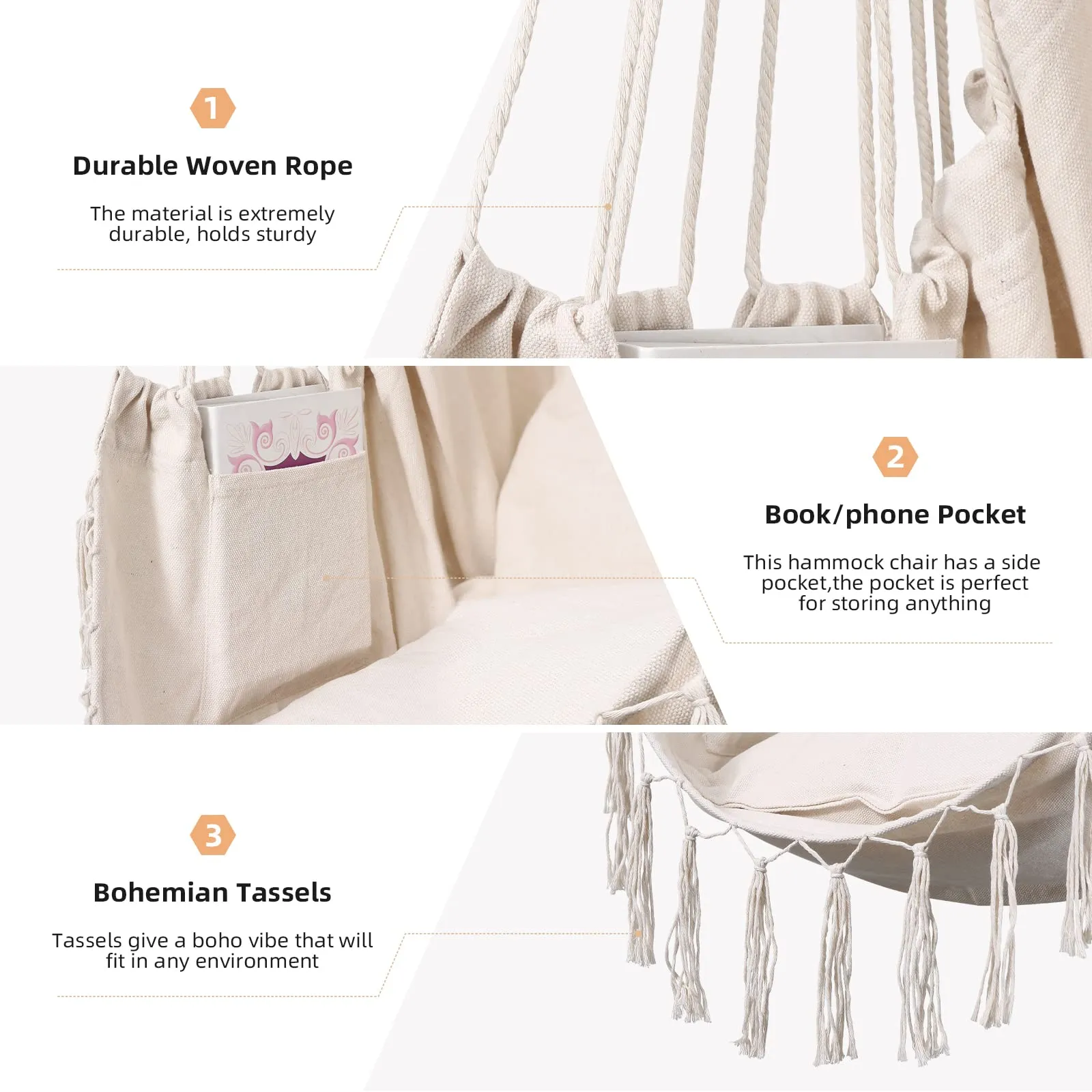 Hammock Chair,Hanging Rope Ceiling Swing with 2 Cushions, Macrame Boho Hanging Chairs for Indoor,Outdoor,Bedroom,Outside,Garden,Balcony,Yard,Deck,Max 330 Lbs (Beige)