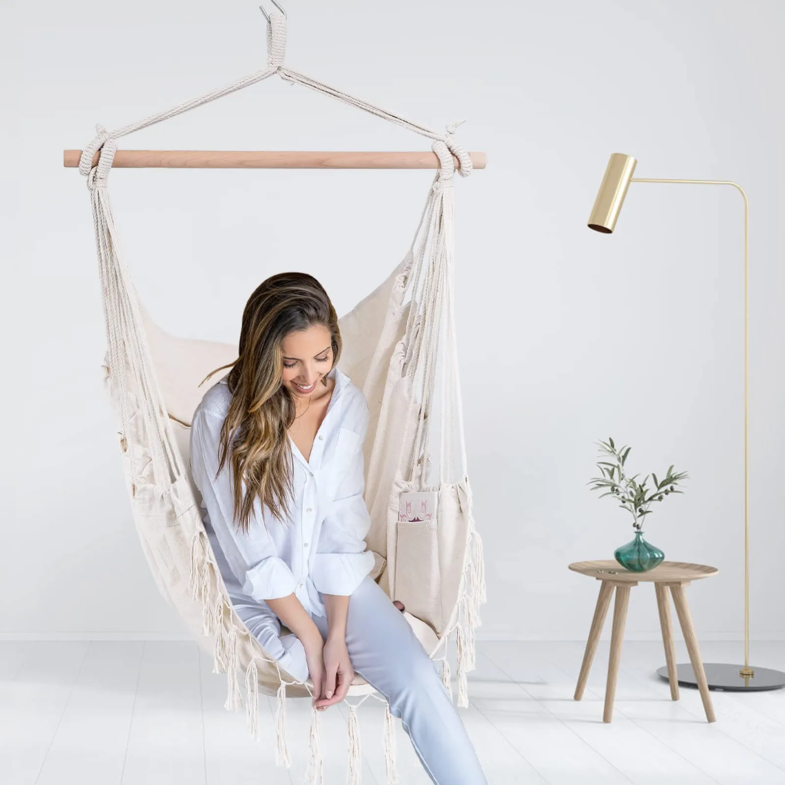 Hammock Chair,Hanging Rope Ceiling Swing with 2 Cushions, Macrame Boho Hanging Chairs for Indoor,Outdoor,Bedroom,Outside,Garden,Balcony,Yard,Deck,Max 330 Lbs (Beige)