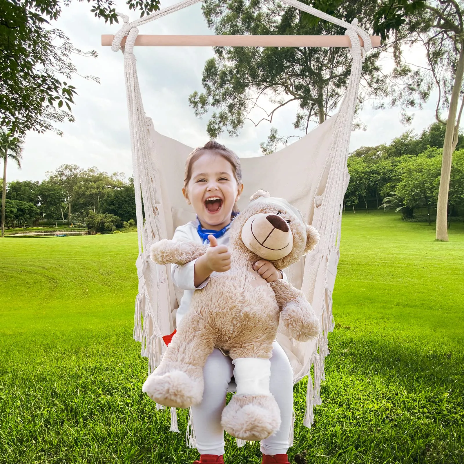 Hammock Chair,Hanging Rope Ceiling Swing with 2 Cushions, Macrame Boho Hanging Chairs for Indoor,Outdoor,Bedroom,Outside,Garden,Balcony,Yard,Deck,Max 330 Lbs (Beige)