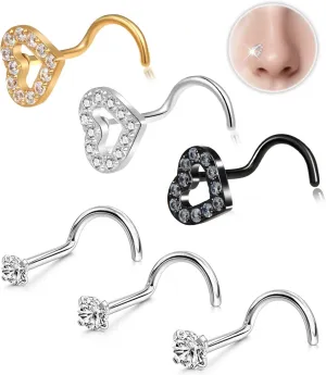 Heart Nose Rings Studs - 20G Gold/Silver Nose Rings for Women Men 14K Gold Filled & 316L Surgical Stainless Steel Nose Studs Hypoallergenic Corkscrew Nose Piercing Jewelry - 6PCS