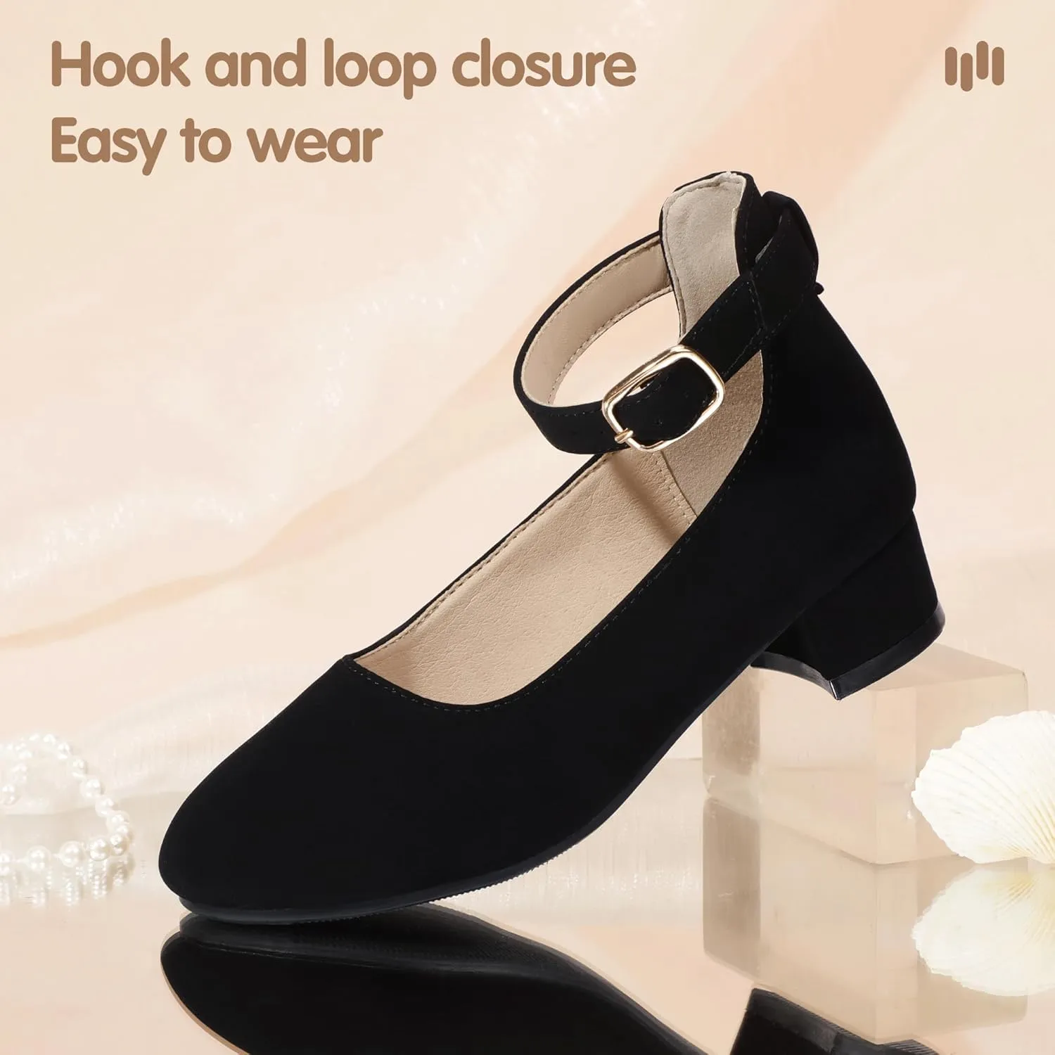 Hehainom Girls Dress Shoes Ankle Strap Flower Girl Heels for Little Big Kids Heels Wedding Church Party Shoes