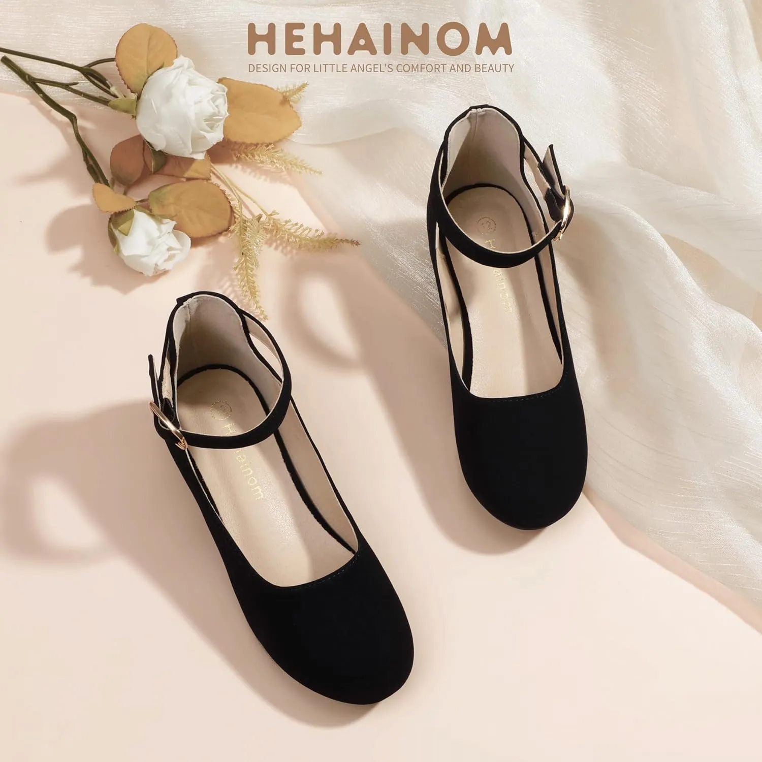 Hehainom Girls Dress Shoes Ankle Strap Flower Girl Heels for Little Big Kids Heels Wedding Church Party Shoes