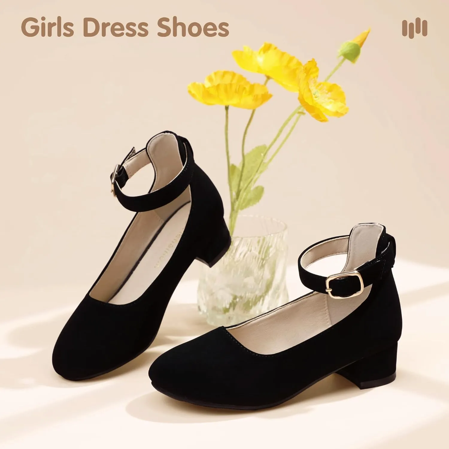 Hehainom Girls Dress Shoes Ankle Strap Flower Girl Heels for Little Big Kids Heels Wedding Church Party Shoes