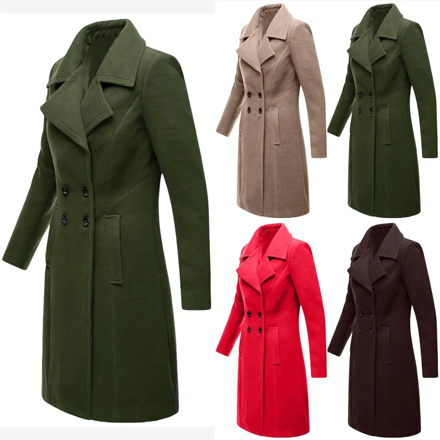 HGps8w Womens Long Notched Lapel Wool Coats Dressy Classic Double-Breasted Winter Wool Blend Peacoat Trench Overcoat