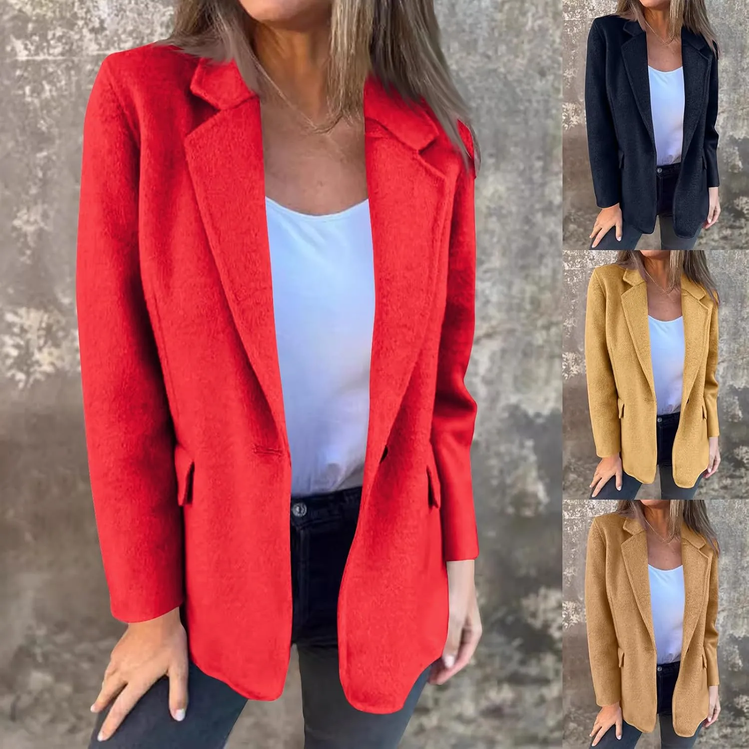 HGps8w Women's Notched Lapel Wool Coats Elegant Open Front Winter Wool Blend Blazer Jacket Trench Overcoat with Pockets