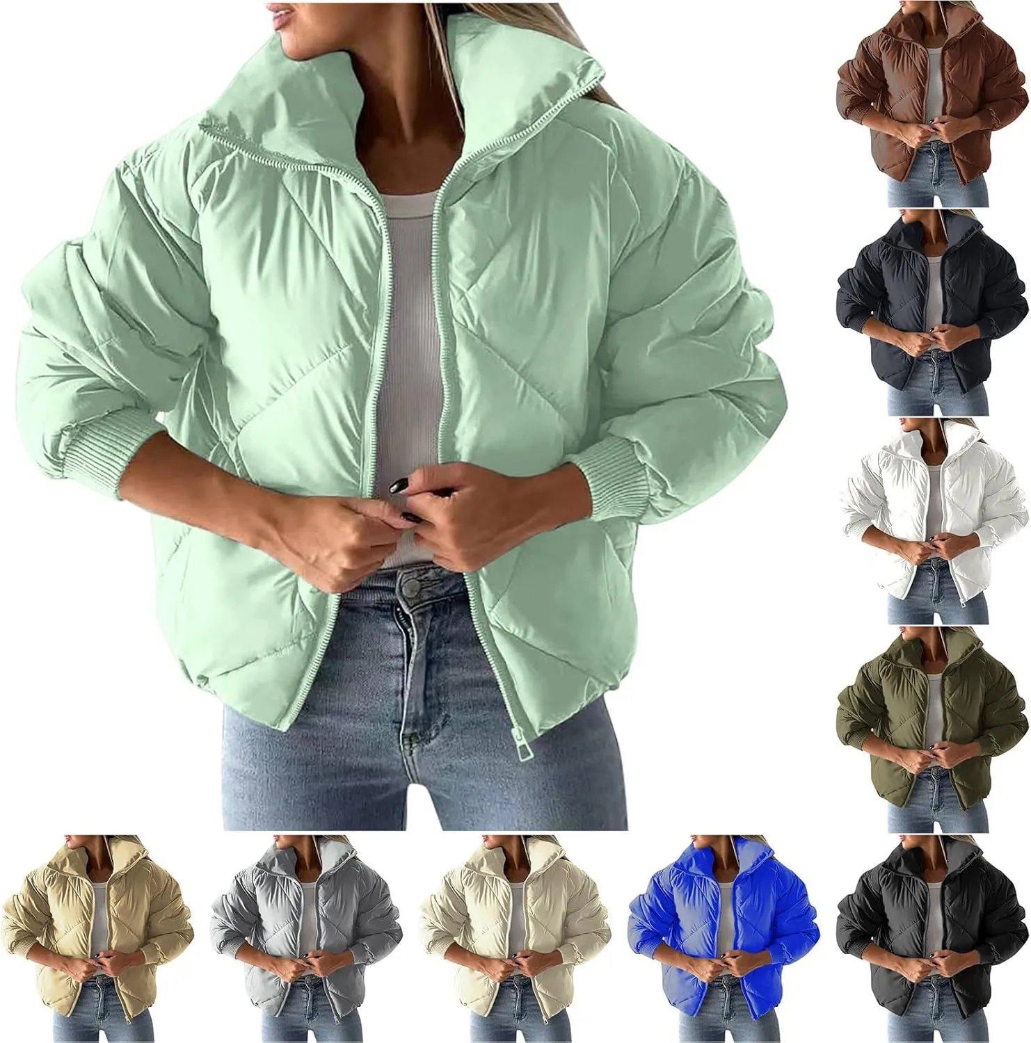 HGps8w Women's Winter Padded Down Coats, Stand Collar Zip Up Warm Outerwear Puffer Quilted Jackets with Pockets