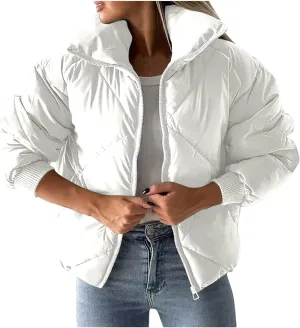 HGps8w Women's Winter Padded Down Coats, Stand Collar Zip Up Warm Outerwear Puffer Quilted Jackets with Pockets