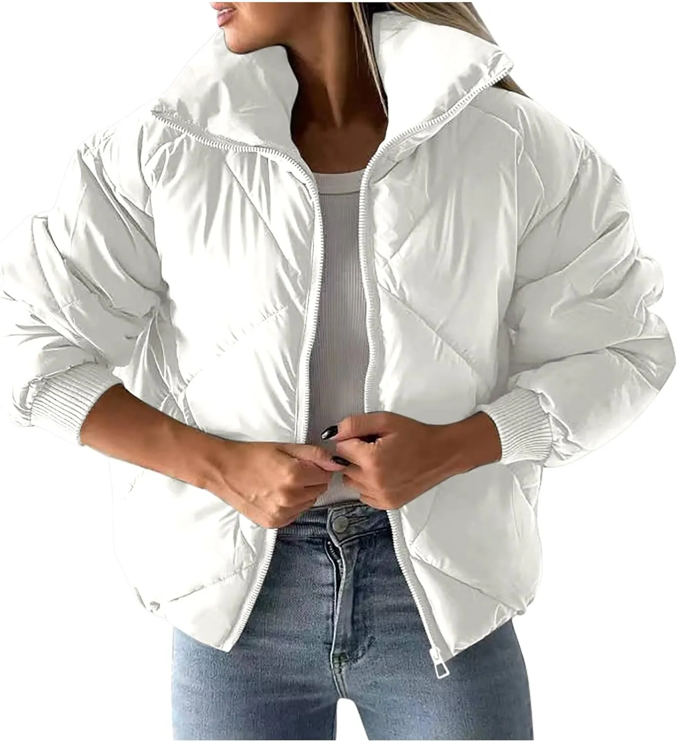 HGps8w Women's Winter Padded Down Coats, Stand Collar Zip Up Warm Outerwear Puffer Quilted Jackets with Pockets