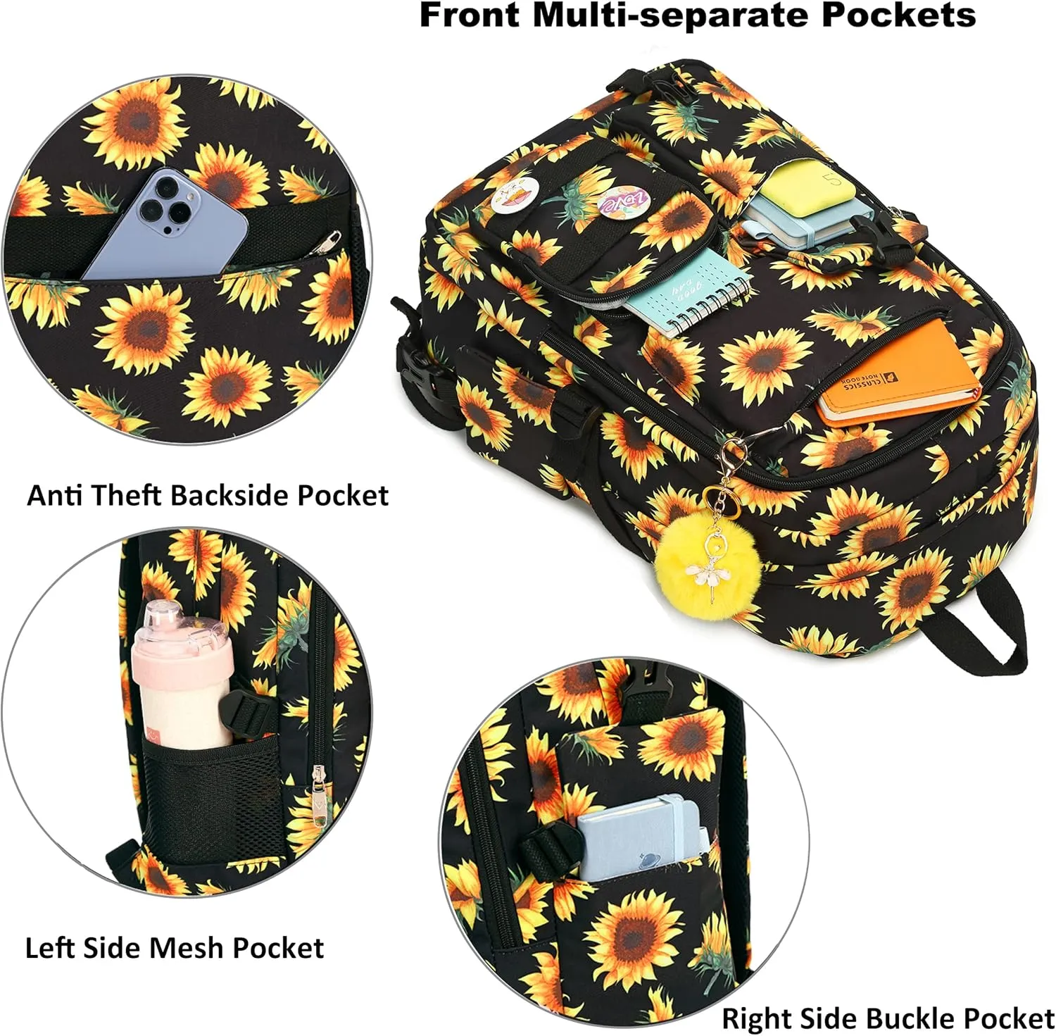 Hidds Laptop Backpacks 16 Inch School Bag College Backpack Anti Theft Travel Casual Daypack Bags Cute Bookbags Large Colorfull Carry on Back Pack for Teens Girls Women Students (Sun Flower Black)