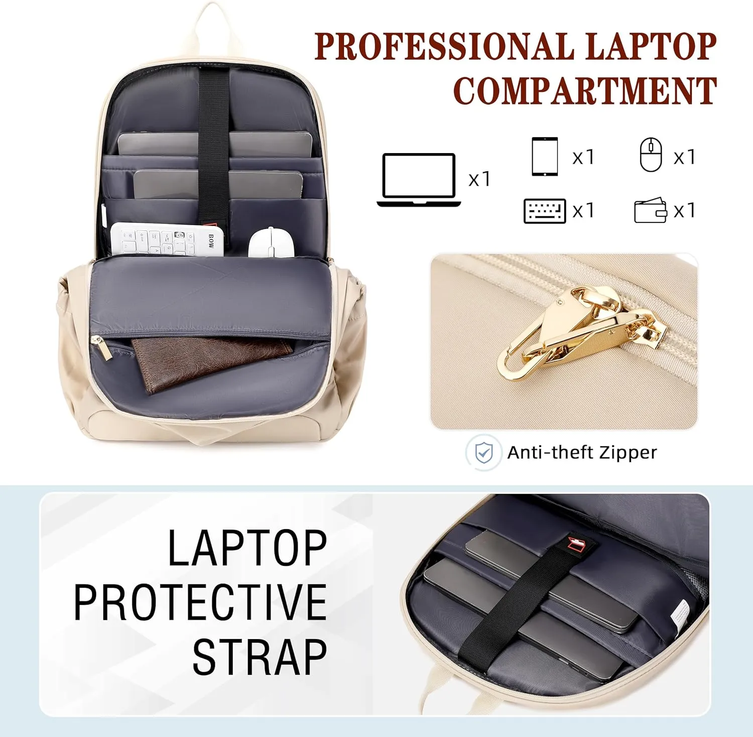 Hidds Travel Laptop Backpack for Women 15.6 Inch Computer Backpacks with USB Charging Hole Anti Theft Carry on Bag College Bookbag Large Back Pack for Work Business Travel Commuter Daypack-Champagne
