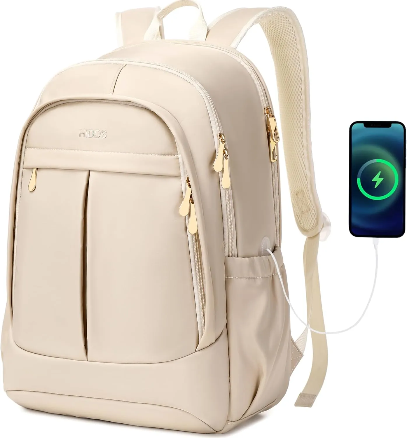 Hidds Travel Laptop Backpack for Women 15.6 Inch Computer Backpacks with USB Charging Hole Anti Theft Carry on Bag College Bookbag Large Back Pack for Work Business Travel Commuter Daypack-Champagne