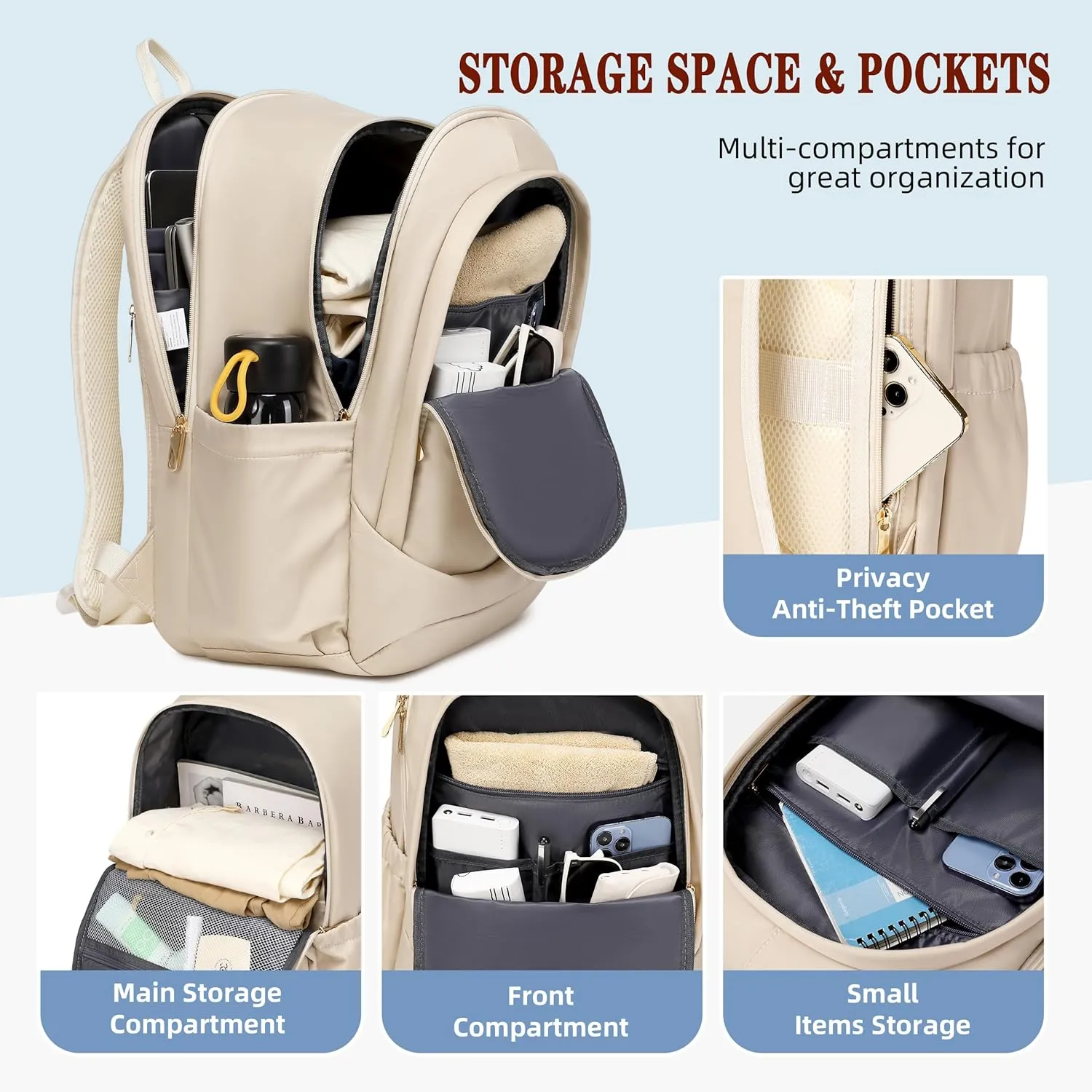 Hidds Travel Laptop Backpack for Women 15.6 Inch Computer Backpacks with USB Charging Hole Anti Theft Carry on Bag College Bookbag Large Back Pack for Work Business Travel Commuter Daypack-Champagne