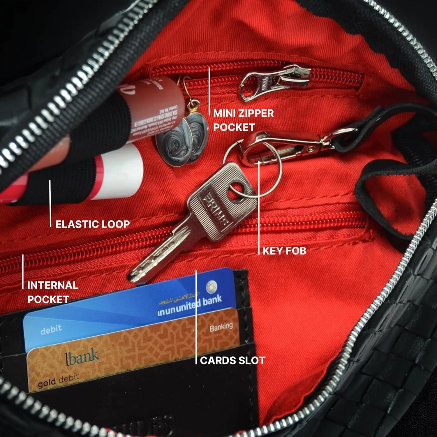 HIDES Nexus Leather Belt Bag, Handcrafted Travel Companion with Premium Full-Grain Leather Spacious Compartments Discreet Back Zip Pocket Adjustable Leather Strap Water-Resistant (Black Red Woven)