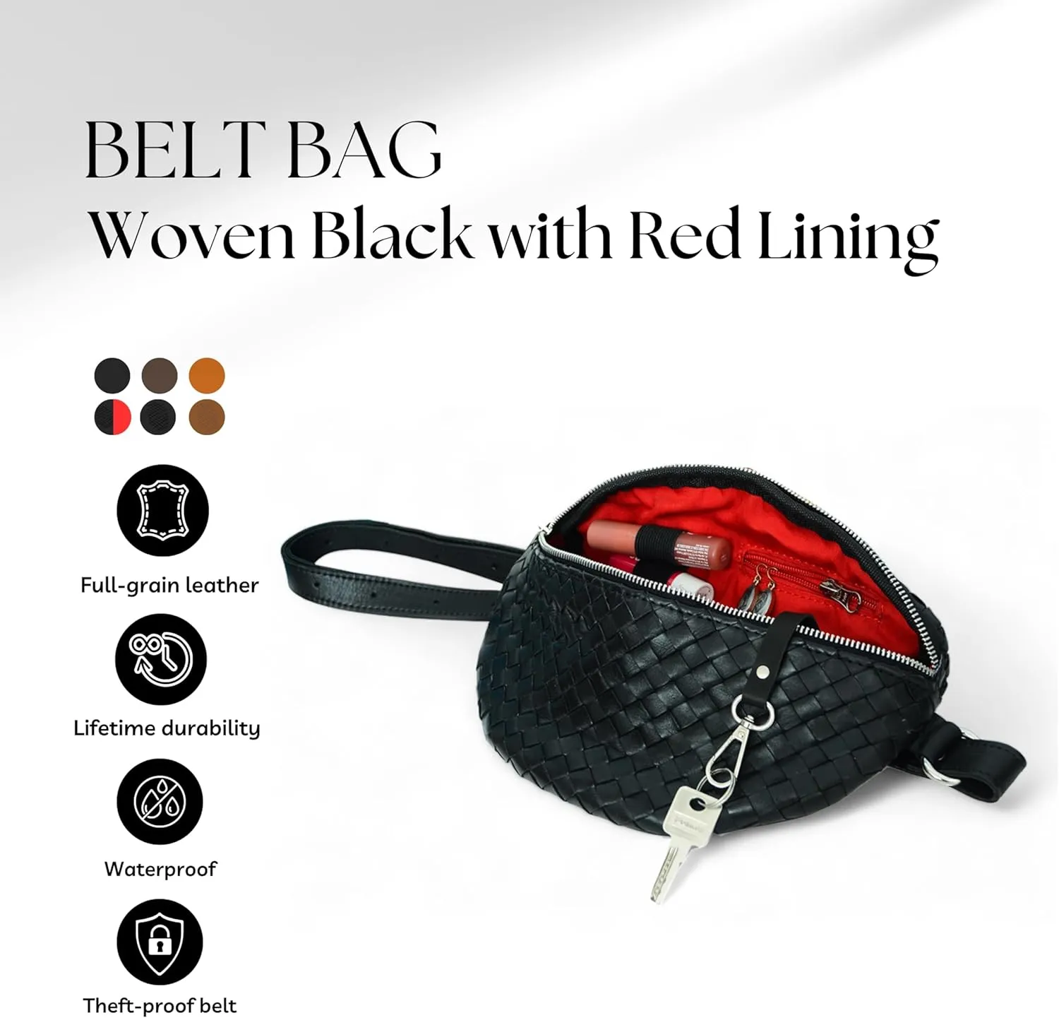 HIDES Nexus Leather Belt Bag, Handcrafted Travel Companion with Premium Full-Grain Leather Spacious Compartments Discreet Back Zip Pocket Adjustable Leather Strap Water-Resistant (Black Red Woven)