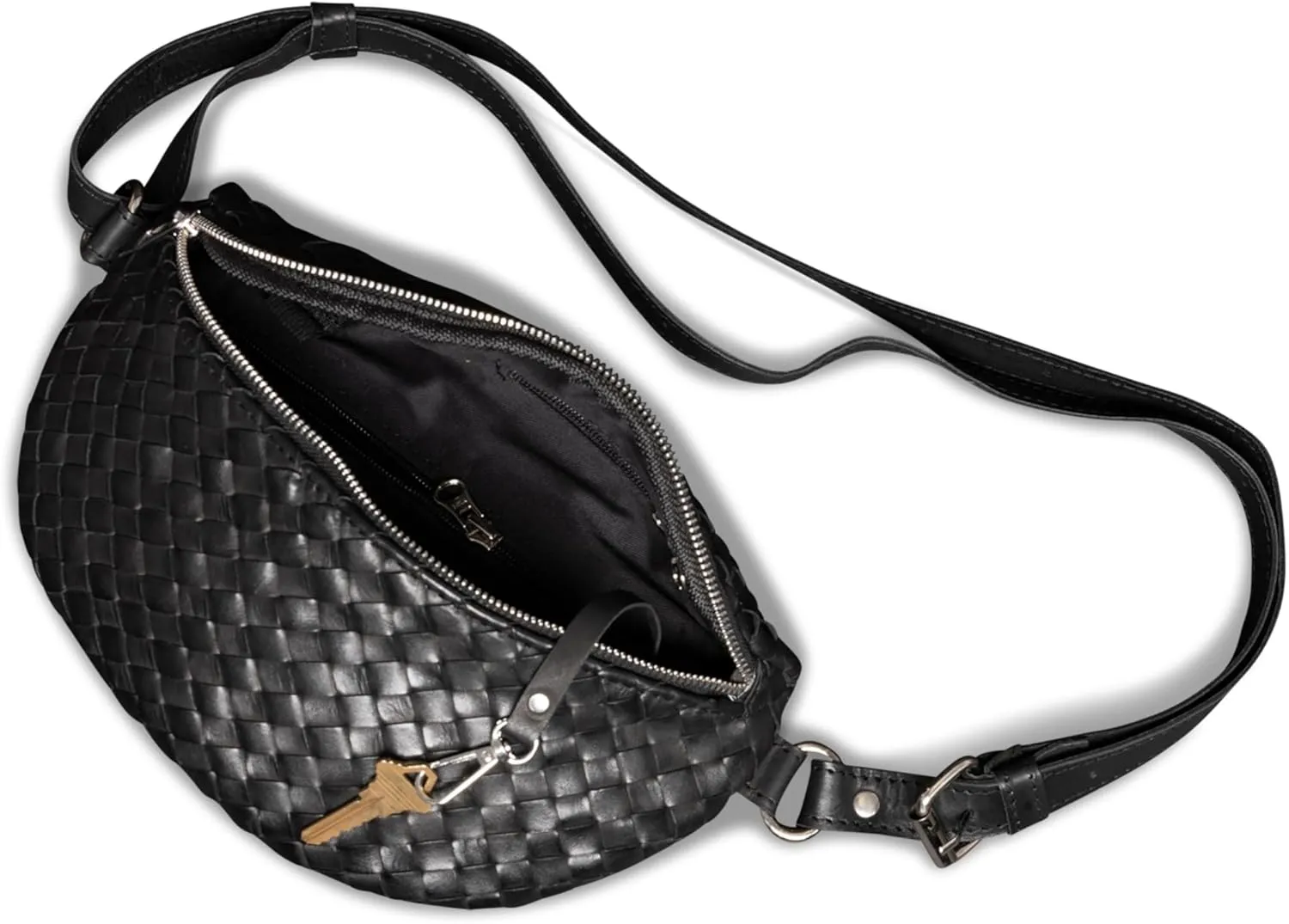 HIDES Nexus Leather Belt Bag, Handcrafted Travel Companion with Premium Full-Grain Leather Spacious Compartments Discreet Back Zip Pocket Adjustable Leather Strap Water-Resistant (Black Woven)