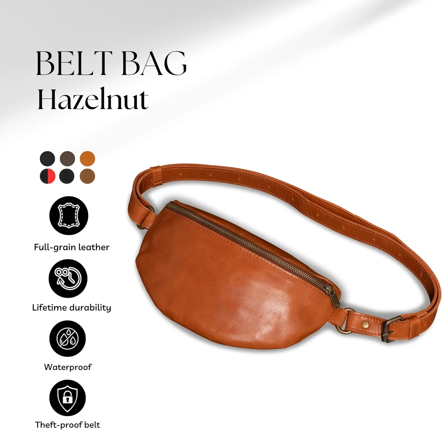 HIDES Nexus Leather Belt Bag, Handcrafted Travel Companion with Premium Full-Grain Leather Spacious Compartments Discreet Back Zip Pocket Adjustable Leather Strap Water-Resistant (Hazelnut)