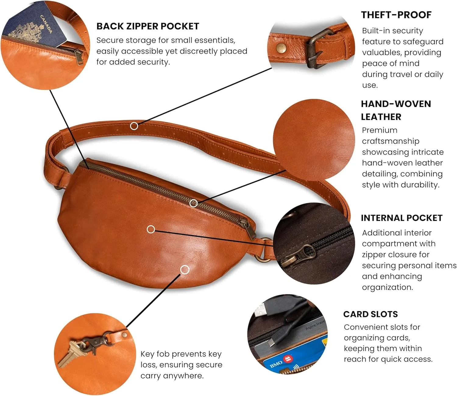 HIDES Nexus Leather Belt Bag, Handcrafted Travel Companion with Premium Full-Grain Leather Spacious Compartments Discreet Back Zip Pocket Adjustable Leather Strap Water-Resistant (Hazelnut)
