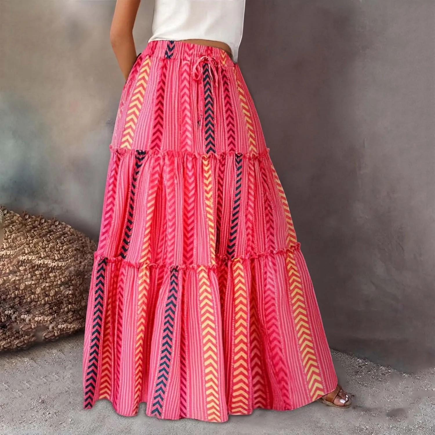High Waisted Skirts for Women Boho Elastic Waisted Flowy Lightweight Skirt Drawstring Baggy Trendy Skorts with Pockets