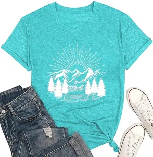 Hiking Shirt for Women Funny Nature Sunrise Graphic Mountain T Shirt Summer Casual Workout Short Sleeve Adventure Tees