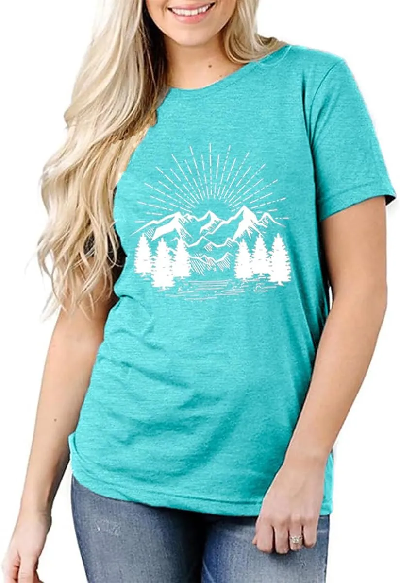 Hiking Shirt for Women Funny Nature Sunrise Graphic Mountain T Shirt Summer Casual Workout Short Sleeve Adventure Tees