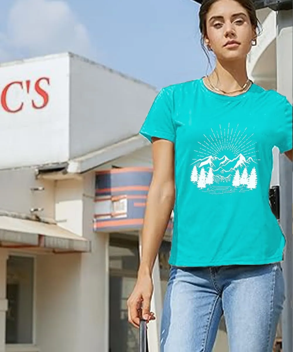 Hiking Shirt for Women Funny Nature Sunrise Graphic Mountain T Shirt Summer Casual Workout Short Sleeve Adventure Tees