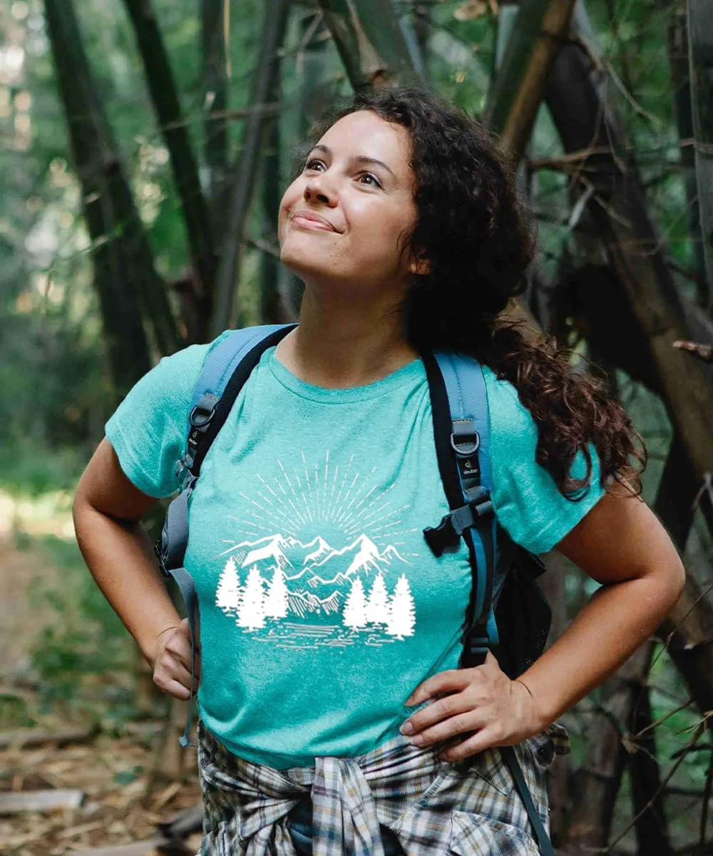 Hiking Shirt for Women Funny Nature Sunrise Graphic Mountain T Shirt Summer Casual Workout Short Sleeve Adventure Tees