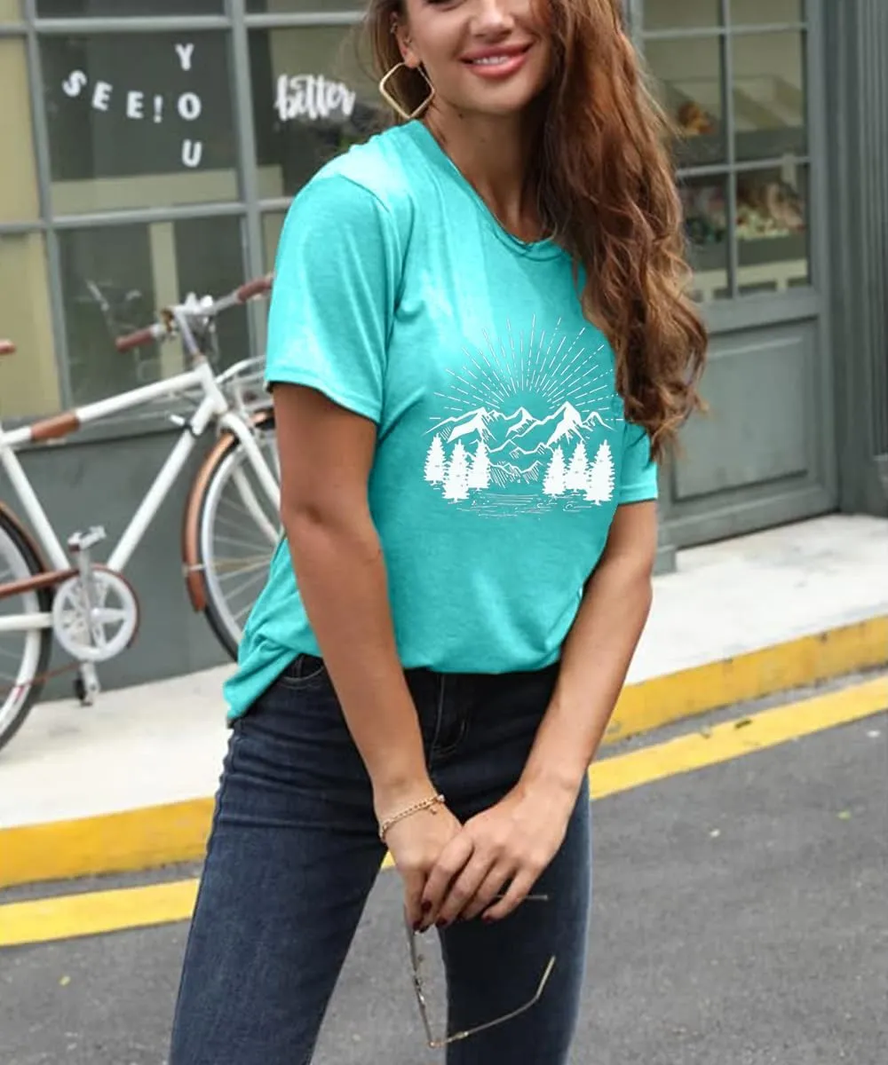Hiking Shirt for Women Funny Nature Sunrise Graphic Mountain T Shirt Summer Casual Workout Short Sleeve Adventure Tees