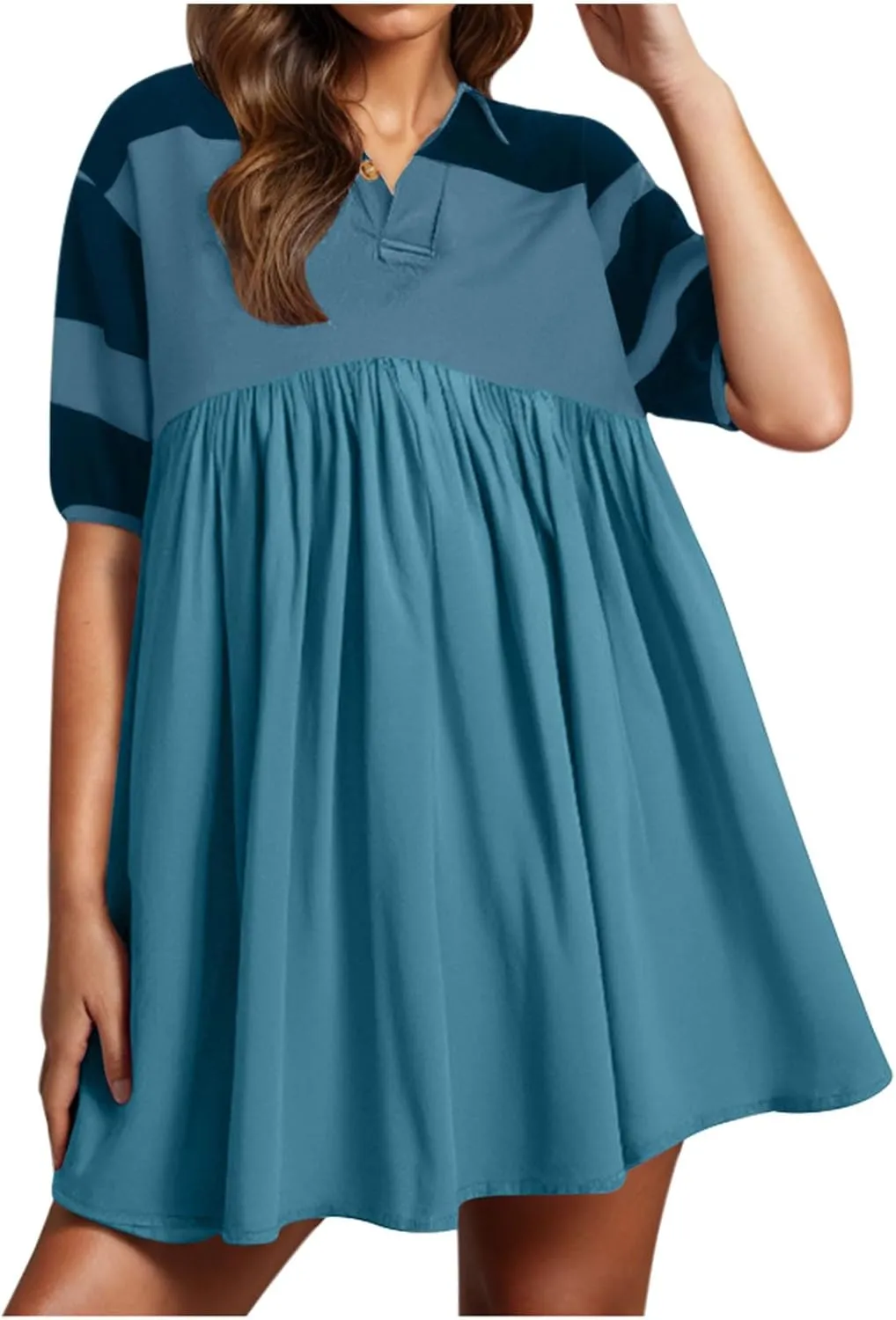 hlysgo Babydoll Dress for Women 2025 Summer Cute Short Sleeve V Neck Mini Dresses Casual Loose Fit A-Line Swing Shirt Dress