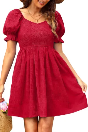 Holipick Red Casual Dress Short Summer Sundress Teen Cute Babydoll Smocked Puff Sleeve Flowy A Line Vacation Mini Dresses