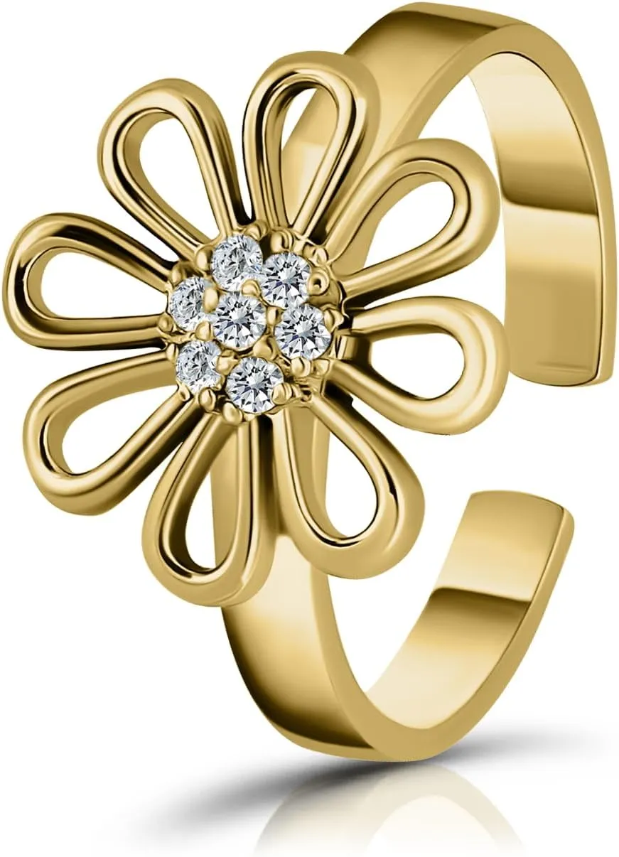 Hoops & Loops 925 Sterling Silver Cubic Zirconia Flower Open Toe Ring for Women