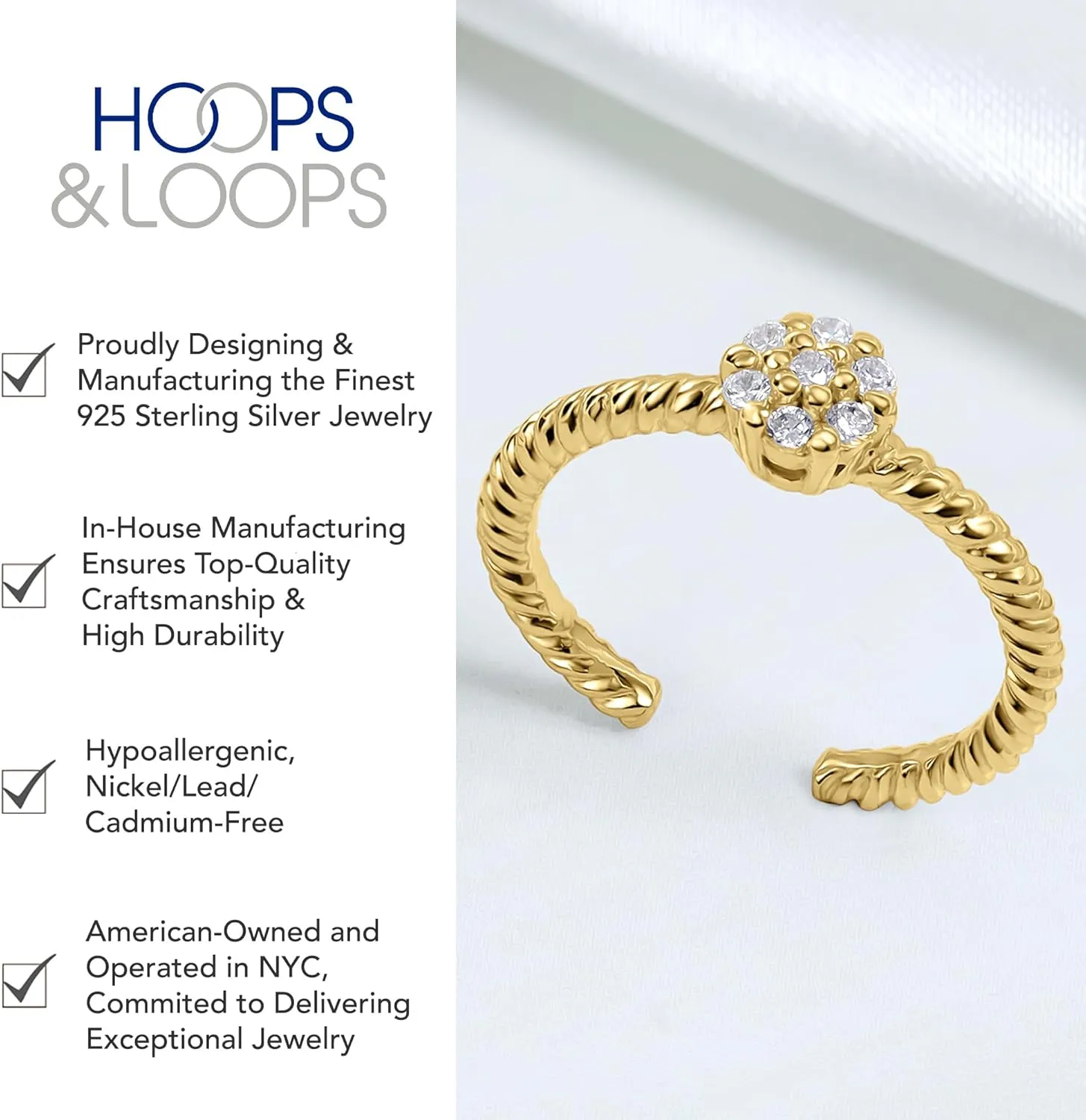 Hoops & Loops 925 Sterling Silver Cubic Zirconia Flower Rope Open Toe Ring for Women Men