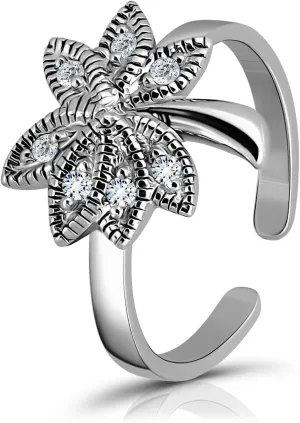 Hoops & Loops 925 Sterling Silver Cubic Zirconia Palm Tree Open Toe Ring for Women Teen Girls Men