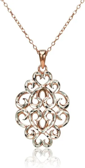 Hoops & Loops 925 Sterling Silver Diamond-cut Filigree Swirl Hearts Necklace for Women, Silver, Yellow Gold, Rose Gold, Black Flashed Sterling Silver