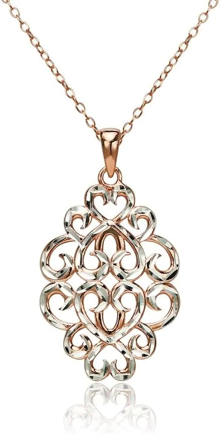 Hoops & Loops 925 Sterling Silver Diamond-cut Filigree Swirl Hearts Necklace for Women, Silver, Yellow Gold, Rose Gold, Black Flashed Sterling Silver