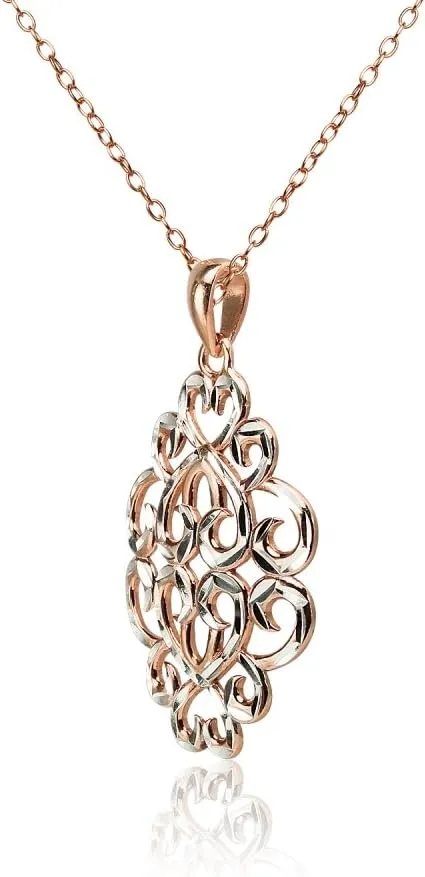 Hoops & Loops 925 Sterling Silver Diamond-cut Filigree Swirl Hearts Necklace for Women, Silver, Yellow Gold, Rose Gold, Black Flashed Sterling Silver