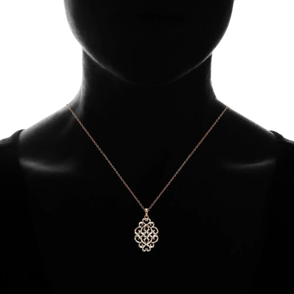 Hoops & Loops 925 Sterling Silver Diamond-cut Filigree Swirl Hearts Necklace for Women, Silver, Yellow Gold, Rose Gold, Black Flashed Sterling Silver