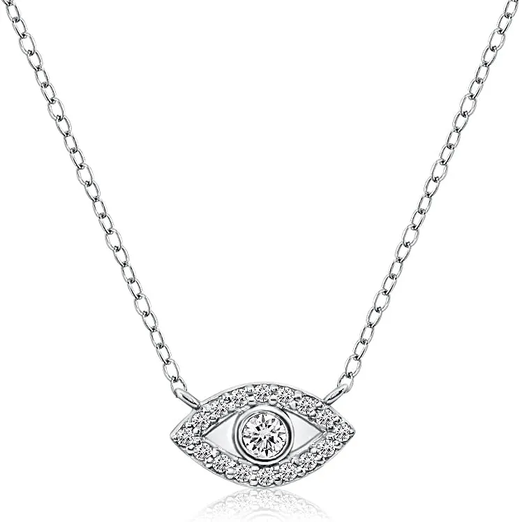 Hoops & Loops 925 Sterling Silver Evil Eye Round Bezel-Set Cubic Zirconia Dainty Choker Necklace for Women, Silver, Yellow Gold & Rose Gold