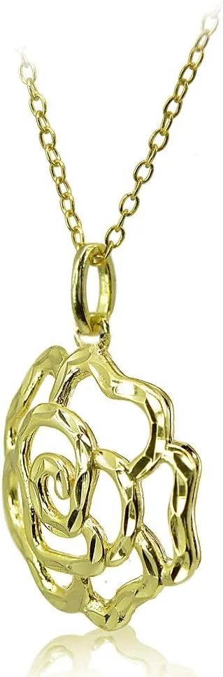 Hoops & Loops 925 Sterling Silver High Polished Diamond-Cut Filigree Rose Flower Pendant Necklace for Women, Silver, Yellow Gold & Rose Gold