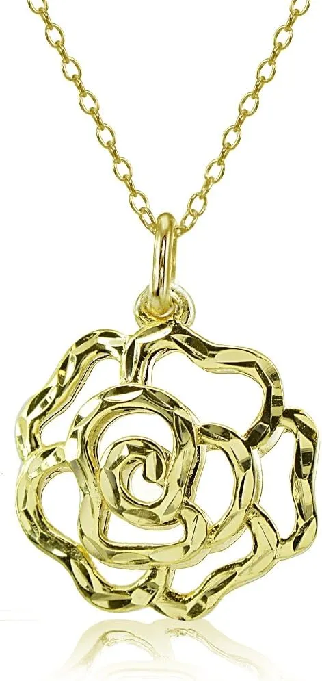 Hoops & Loops 925 Sterling Silver High Polished Diamond-Cut Filigree Rose Flower Pendant Necklace for Women, Silver, Yellow Gold & Rose Gold