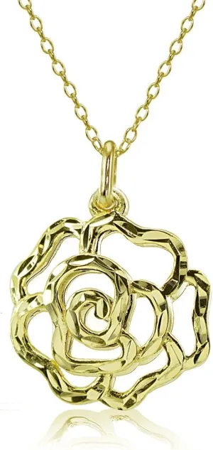 Hoops & Loops 925 Sterling Silver High Polished Diamond-Cut Filigree Rose Flower Pendant Necklace for Women, Silver, Yellow Gold & Rose Gold